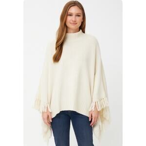 Grade & Gather Women's SZ S/M Poncho Sweater With Fringe Ivory Style 41234
